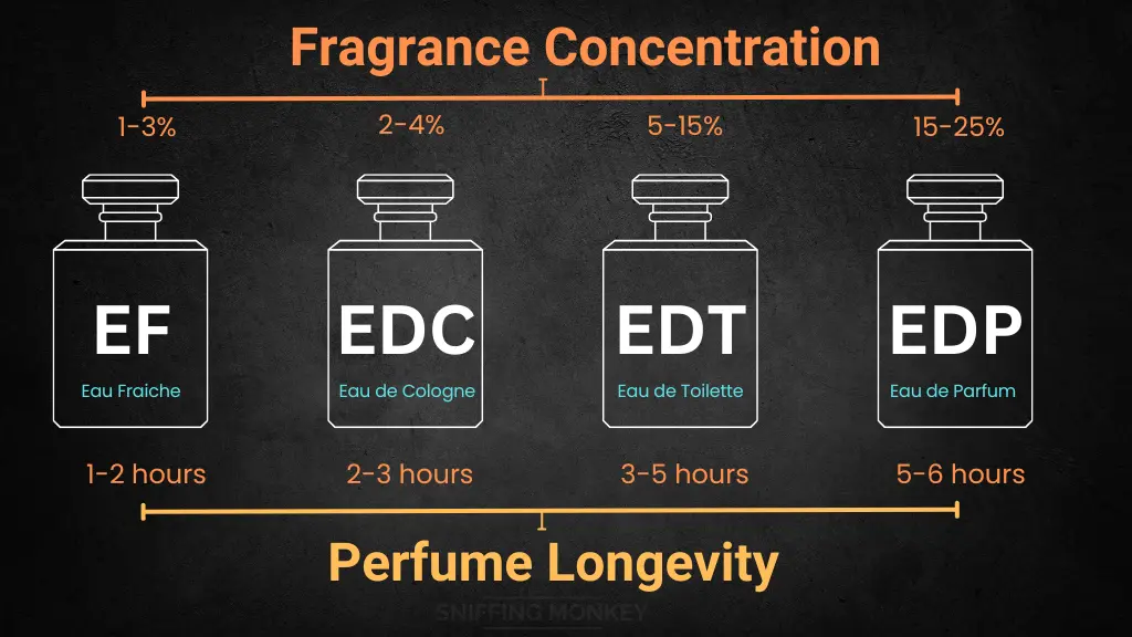 Fragrance types chart showing concentration levels and longevity of different perfumes: Eau Fraiche, Eau de Cologne, Eau de Toilette, and Eau de Parfum.
